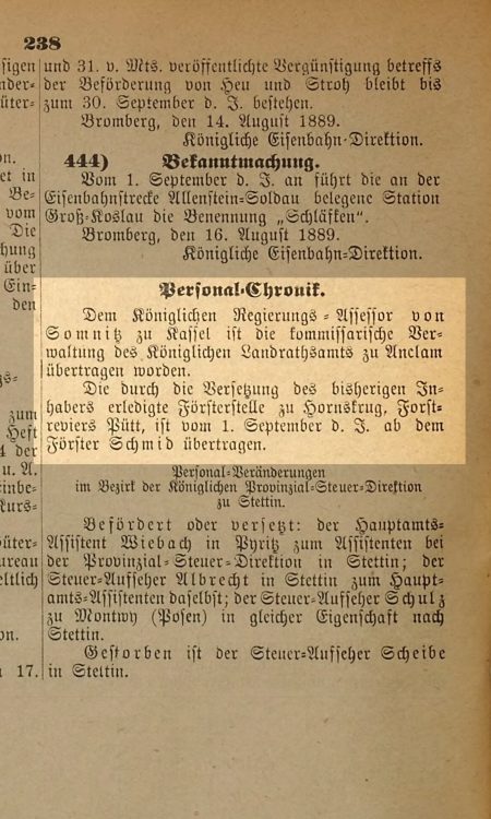 Fragment z Amtsblatt z 1889 roku wymieniający leśnika nazwiskiem Schmid