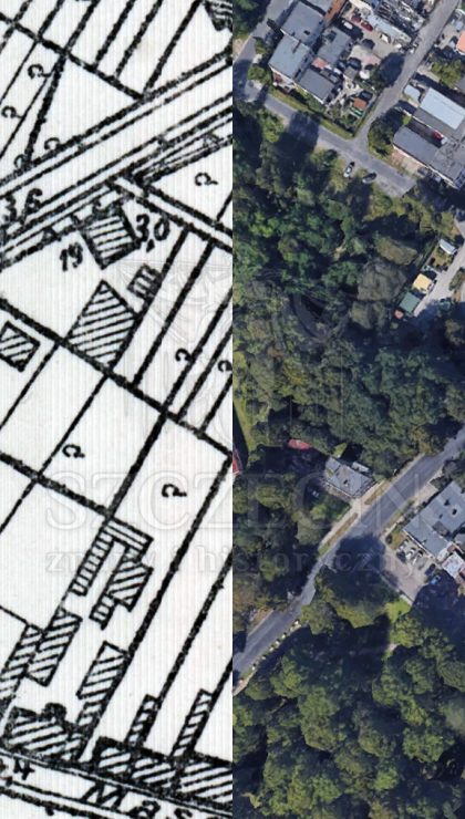 Lokalizacja narożnika i adresów na dawnej mapie Altdamm i dzisiejszym kadrze na Dąbie