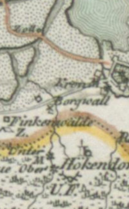 Borgwall Kyowsthal na mapie z początku XIX wieku, pod Dąbiem, ale daleko od Hökendorf (Klęskowa)