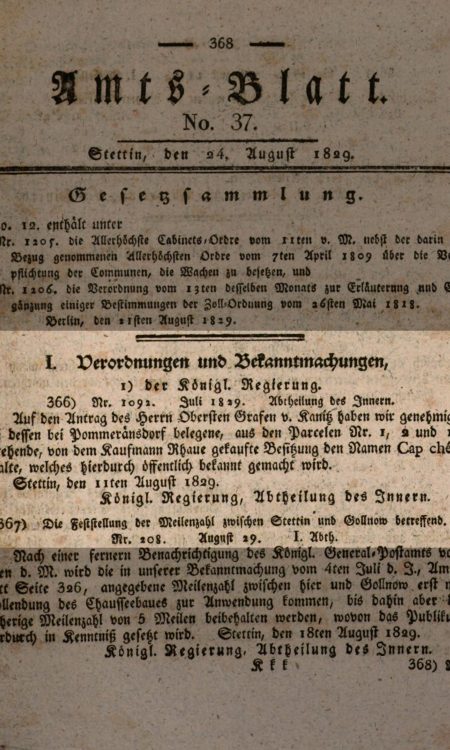 Wzmianka prasowa o nadaniu nazwy Cap Cheri pod Szczecinem w 1829 roku