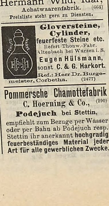 Reklama prasowa Pommersche Chamottefabrik z 1887 roku