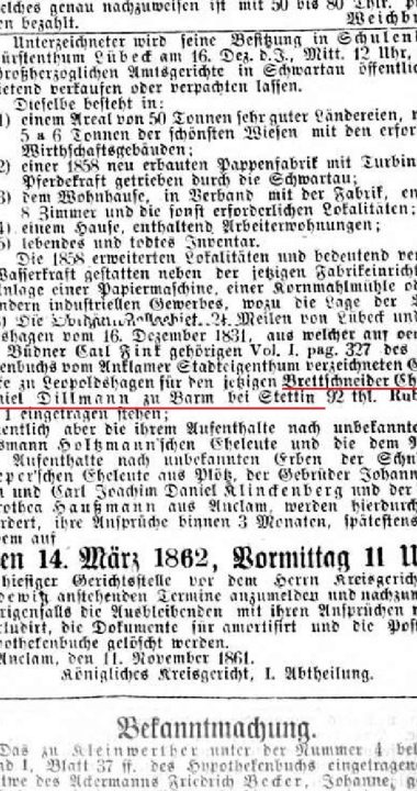 Christian Daniel Dillmann z Barm pod Szczecinem wspomniany w 1861 roku