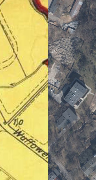 Porównanie dawnej mapy z nałożonym dzisiejszym obszarem cmentarza