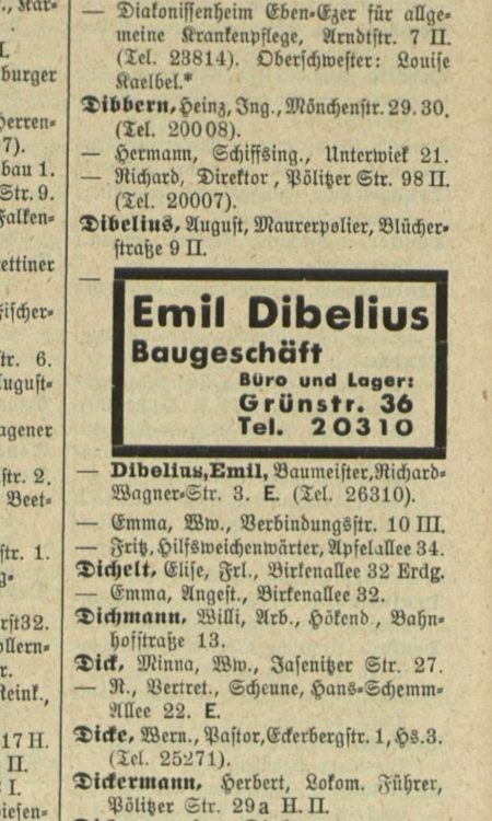 Wypis z księgi adresowej z 1941 roku, gdzie poza adresem zamieszkania Emila jest reklama jego firmy
