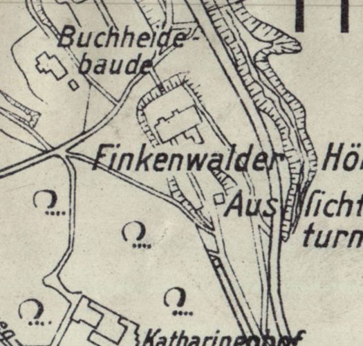 Wycinek mapy dawnych Zdrojów i okolicy z zaznaczeniem terenu restauracji i wieży