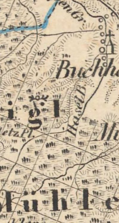 Oznaczenie leśniczówki przy dawnym Buchholz na mapie z 1843 roku