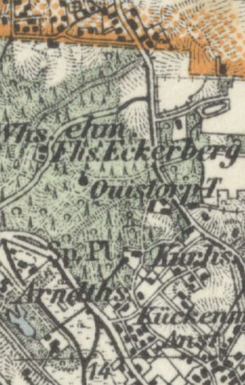 Mapa Kreisu Randow ukazująca brukowany trakt i leśniczówkę już w lesie