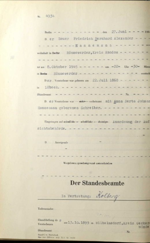 Dokument wymieniający rolnika o nazwisku Hannemann z Rönnewerder