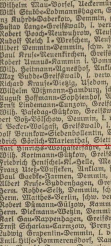 Friedrich Görlich z Marienthal/Stettin wspomniany w liście żołnierzy I Wojny Światowej