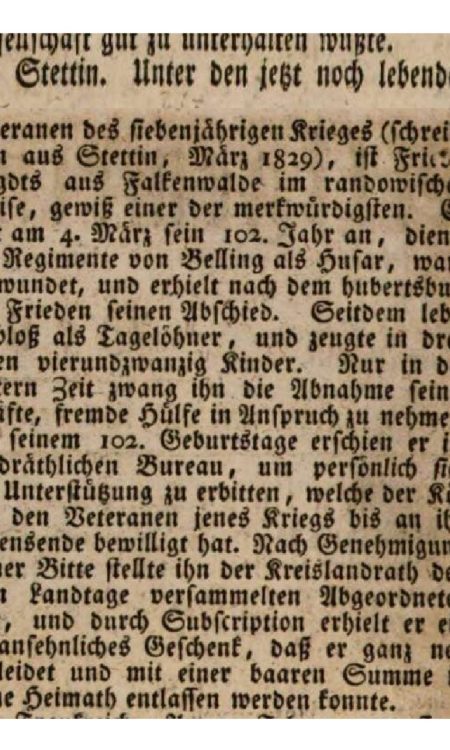 Jedna z kilku wzmianek o weteranie wojny siedmioletniej - Friedrich Vogdts, z 1831 roku