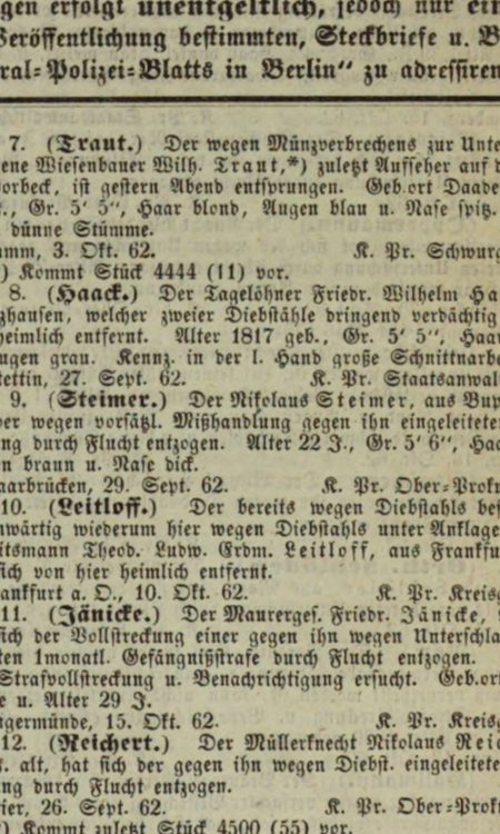 Poszukiwany Friedrich Wilhelm Haack z Franzhausen, ogłoszenie z 1862 roku