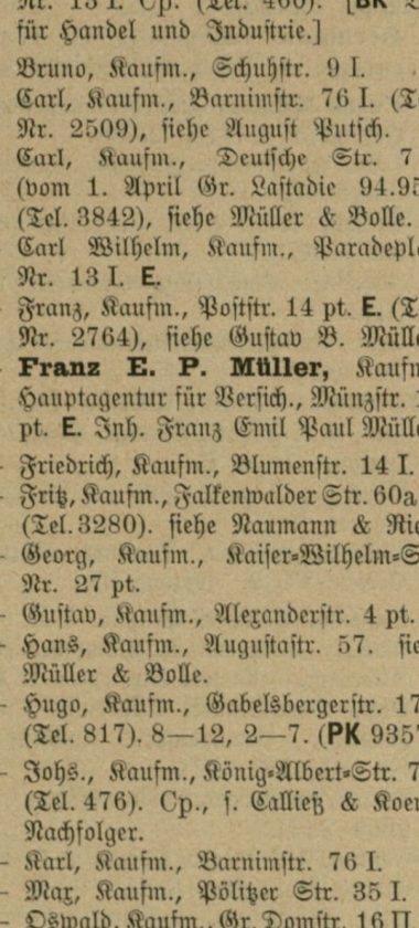 Kupiec Fritz Müller w księdze adresowej z 1911 roku