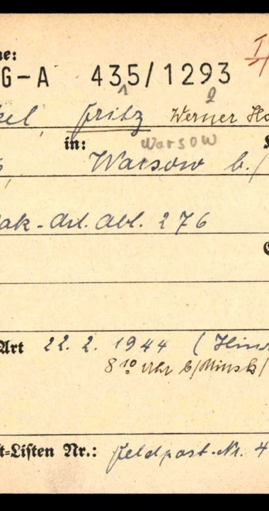 Karta zgonu wypisana na nazwisko Fritz Werner Hans Schmenkel z Warsow pod Szczecinem