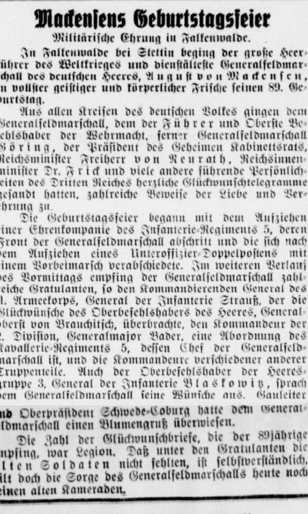 Grasmühlener Zeitung o wizycie Hermanna Göringa u feldmarszałka, 1938 rok