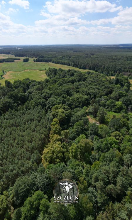 Lotniczy kadr od wschodu na zachód, pałac stałby idealnie w środku kadru