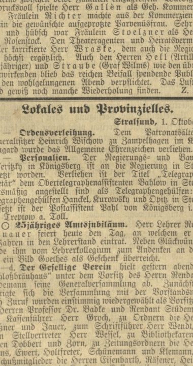 Wzmianka prasowa o Gustavie z 1907 roku, jako nowym urzędniku w Szczecinie