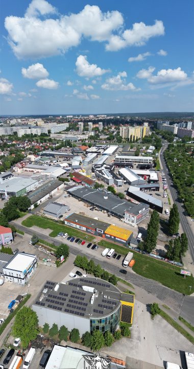 Widok pionowy na obszar po dawnym Pommernhalle i tartaku Biesela