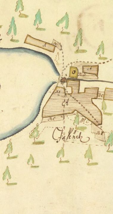 Precyzyjna mapa szwedzka ukazująca dawną osadę z młynem