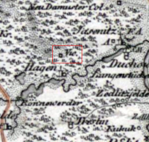 Mapa z oznaczeniem folwarku Hardemoor nad Tatynią (Hagen) z początku XIX wieku