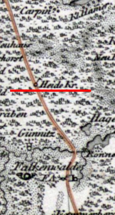 Mapa z początku XIX wieku ukazujaca Heidekrug na drodze do Ueckermünde