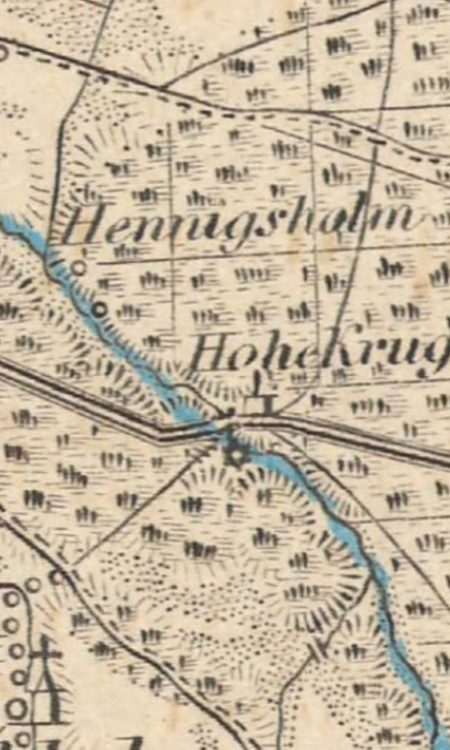 Lokalizacja Henningsholm (Oleszna) na mapie z około 1843 roku