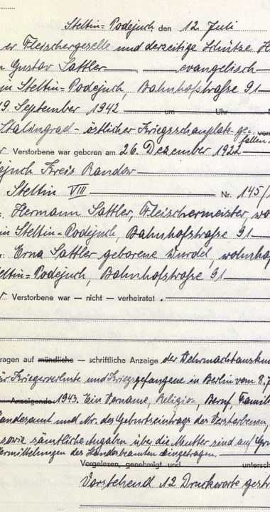Hermann Gustav Sattler (trzeci tego imienia) i jego akt zgonu z detalami o ojcu