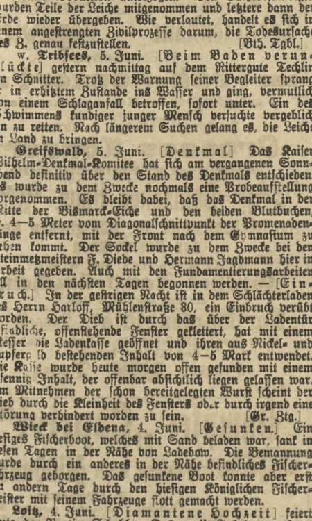 Wzmianka z mówiąca o tym, że Hermann Jagdmann pracował przy pomniku w Greifswaldzie