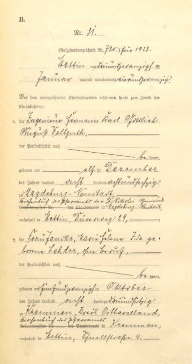 Hermann Karl August Vellguth i jego akt ślubu