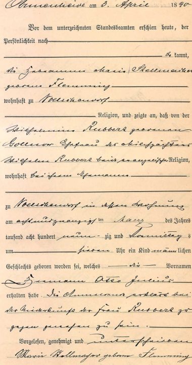 Hermann Otto Julius Rubbert i jego akt urodzin