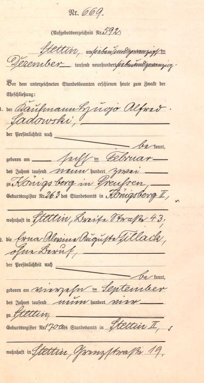 Hugo Alfred Sadowski i jego akt ślubu