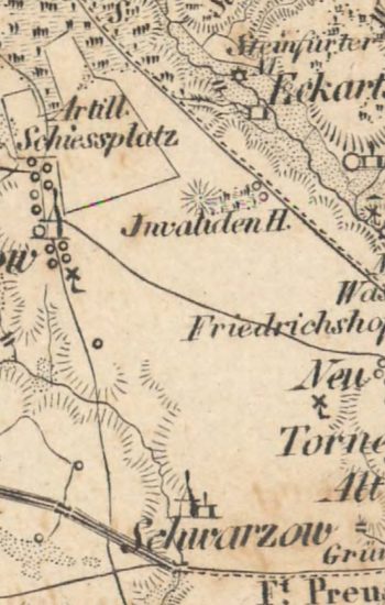 Dom Inwalidów widoczny na mapie z około 1843 roku Flamminga