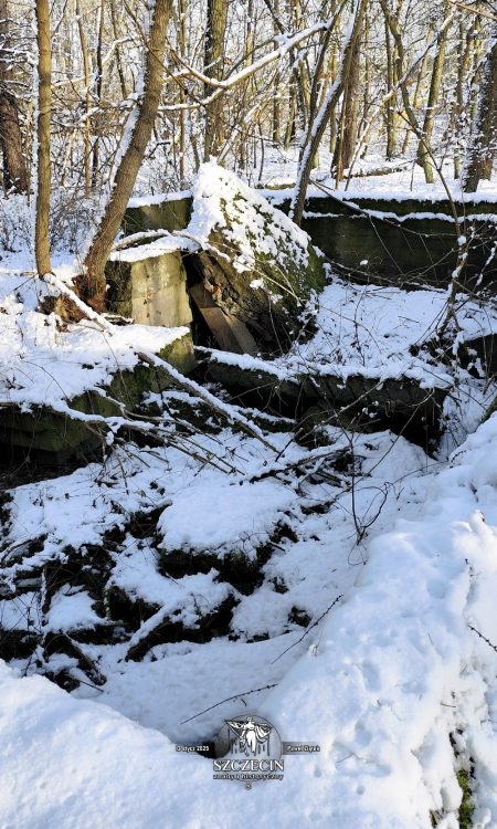 Ruiny dawnego Jägersweil (Błędno) w styczniu 2025 roku, zostały mury oporowe