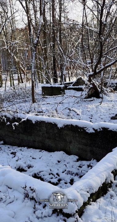 Widoczne ruiny dwóch domów z dawnego Jägersweil (Błędno) w styczniu 2025