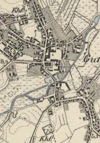 Mapa z około 1888 roku przedstawiająca Duchow oraz Jasienicę, młyn w centrum