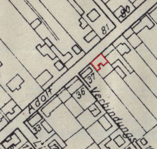 Wycinek dawnej mapy okolicy Zdrojów z zaznaczeniem adresu 38 pod którym mógł mieszkać pan Baresel