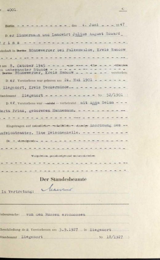 Dokument wymieniający stolarza i rolnika o nazwisku Prinz z Rönnewerder