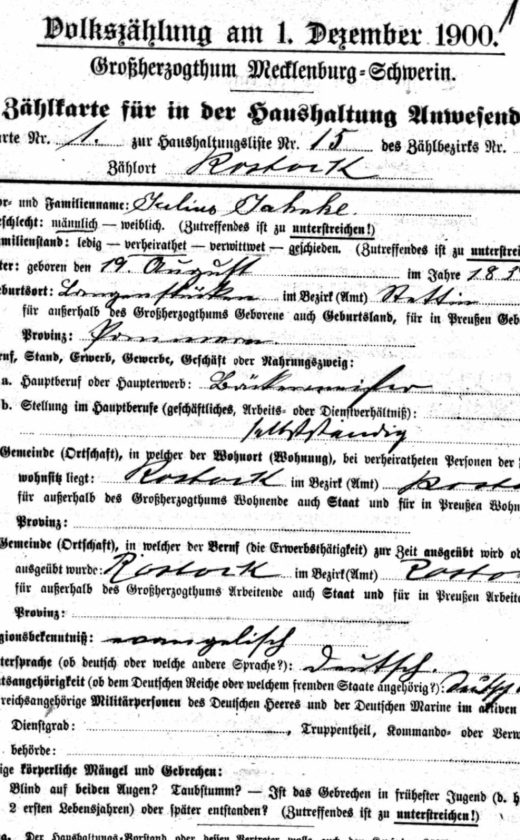 Dokument wymieniajacy Juliusa Jahnke jako urodzonego w Langenstücken Amt Stettin