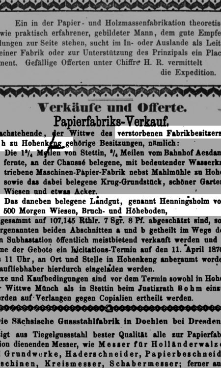 Julius Münch wspomniany jako właściciel sporego terenu w Henningsholm w 1870 roku