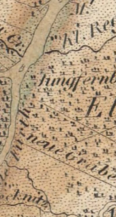 Lokalizacja Jungfernberg (Dziewoklicz) na mapie z około 1843 roku Flemminga