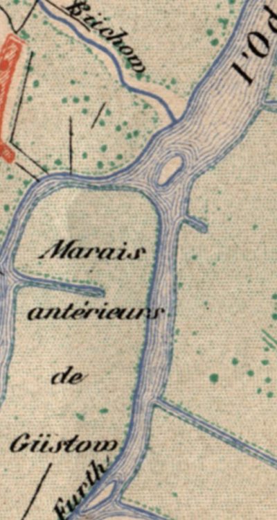Mapa z połowy XIX wieku z zaznaczonym kanałem fabrycznym (w centrum)