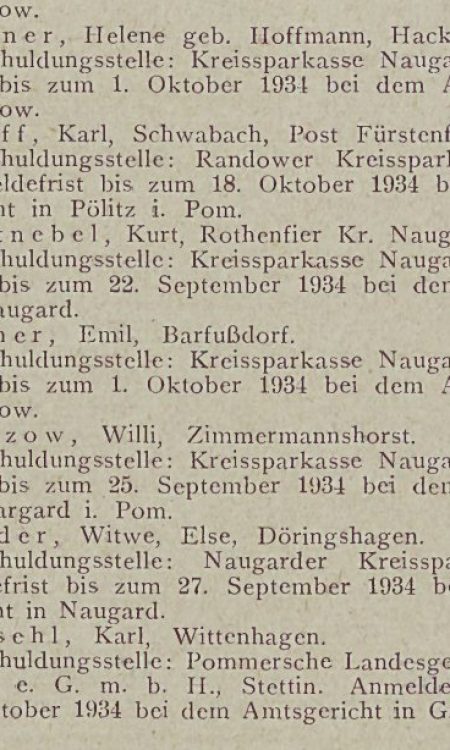 Informacja o zadłużeniu na nazwisko Karl Wolff z wsi Schwabach z 1934 roku