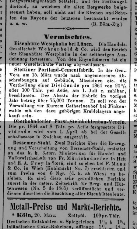 Wzmianka o zakupie terenu kopalni przez fabrykę cementu, 1865 rok