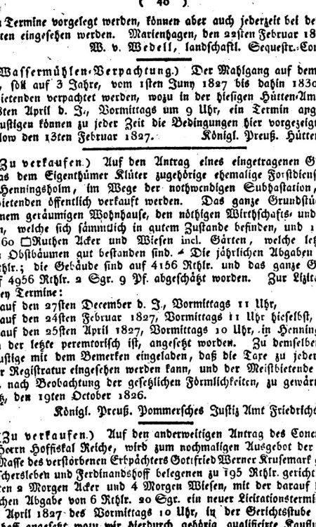 Wzmianka mówiąca, że pan Klüter sprzedał majątek leśny Henningsholm w 1826 roku