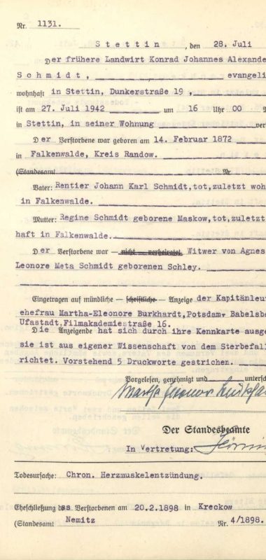 Konrad Schmidt i jego akt zgonu z 1942 roku