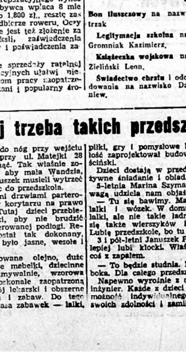 Wzmianka o przedszkolu w ocalałej kamienicy Matejki 28, Kurier Szczeciński