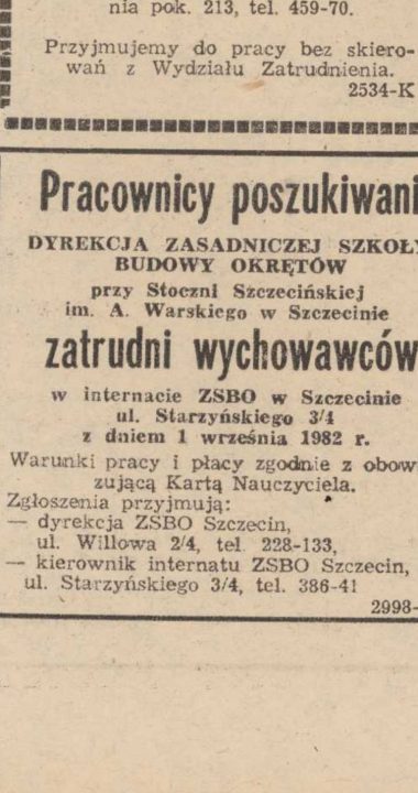 Ogłoszenie o internacie z Kuriera Szczecińskiego z 1982 roku