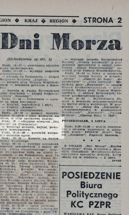 Zapowiedź wystrzału z armat zamieszczona w Kurierze Szczecińskim 1 lipca 1972