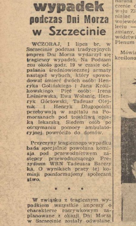 Wzmianka prasowa już po wypadku - 2 Lipca 1972 roku - z Kuriera Szczecińskiego