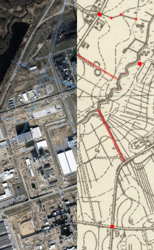 Porównanie lokalizacji między mapą z 1888 roku i zdjęciem satelitarnym z 2022