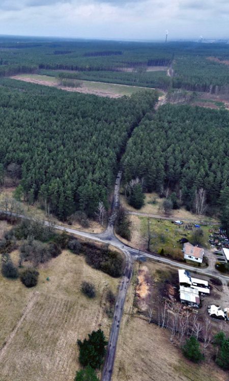 Widok lotniczy na obszar dawnego Alt Leese (Stare Leśno), z skrzyżowaniem wsi w centrum